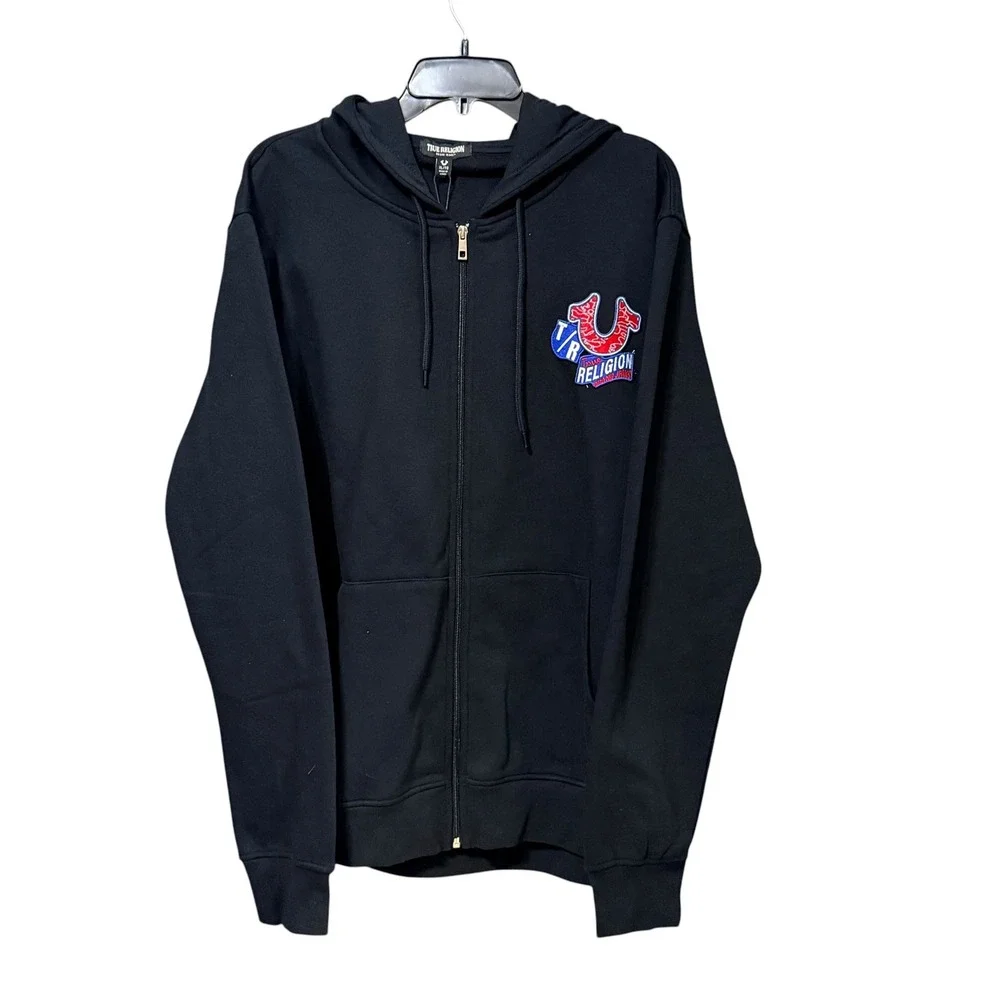 True Religion Mens Black Graphic Patch Full Zip Hoodie Sweatshirt XL World Tour